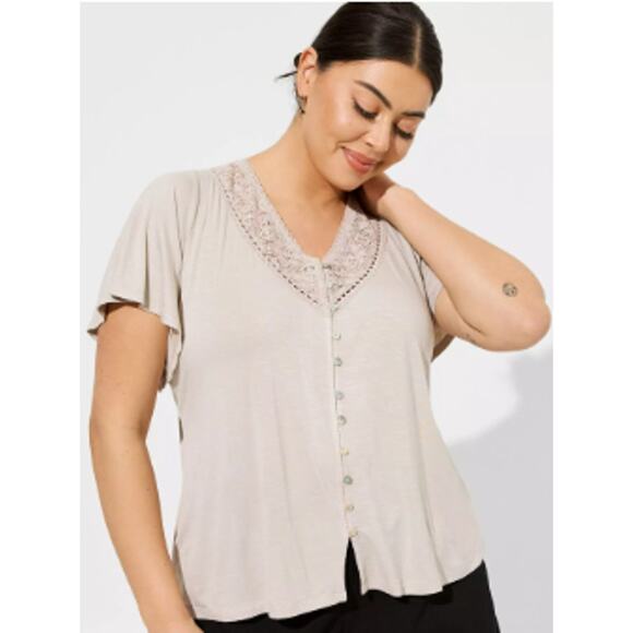 Torrid 4 Women 26W 4x Chateau Gray/ Beige Knit V-neck Lace Insert Button Tee - Picture 1 of 11